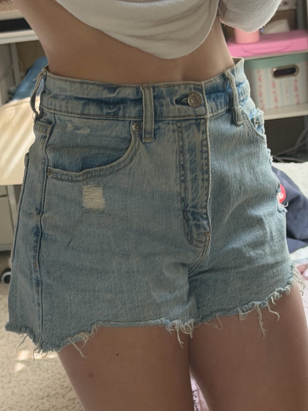 Light Blue Distressed High-Rise Denim Shorts